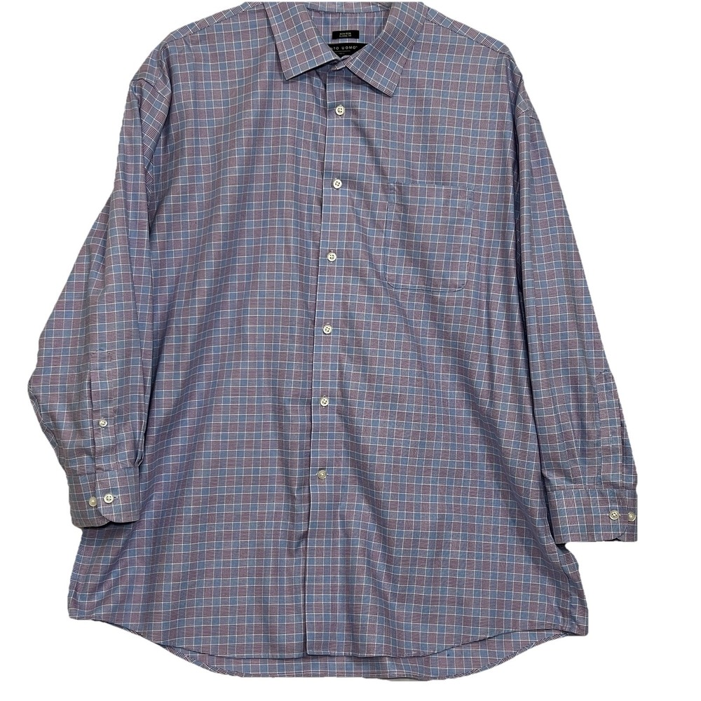 Pronto Uomo Button Long Sleeve Check Dress Shirt Blue Lavender Men Size 18 32-33